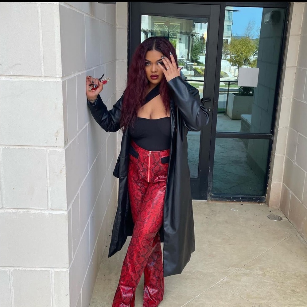 Red Faux Leather Cut out Leather Pants